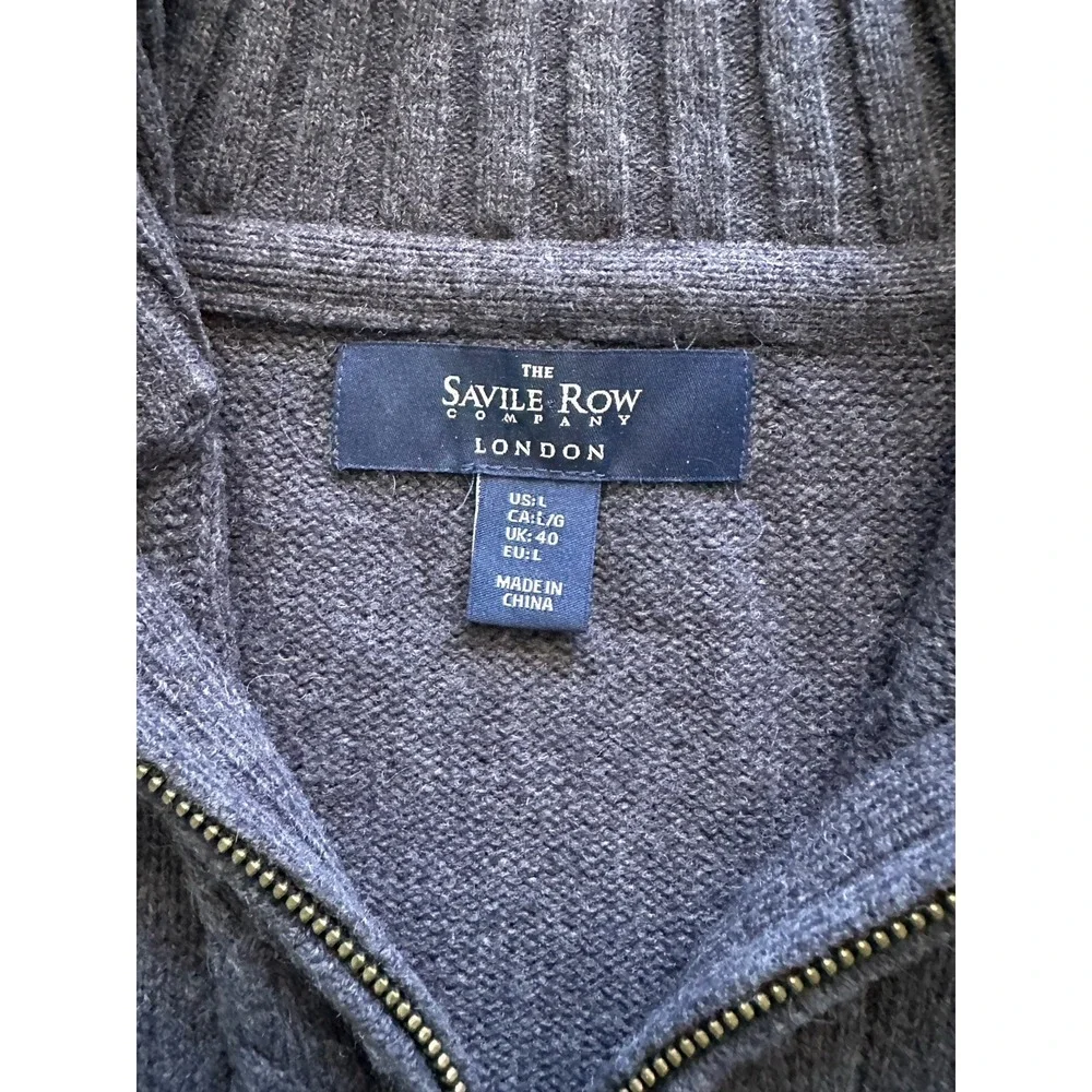 Savile Row Company Mens Blue Lambswool Blend Cable Knit Quarter Zip‎ Sweater L